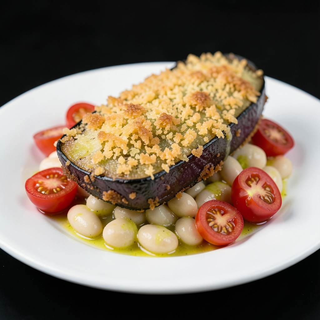 Crispy Parmesan Eggplant with Warm Lemon-Garlic Beans