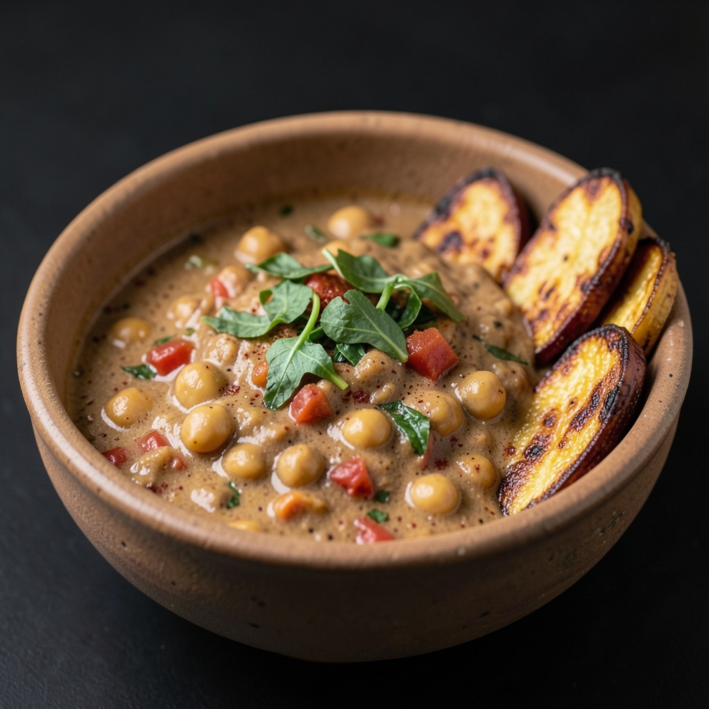 Ghanaian-Inspired Peanut Chickpea Stew with Roasted Plantain