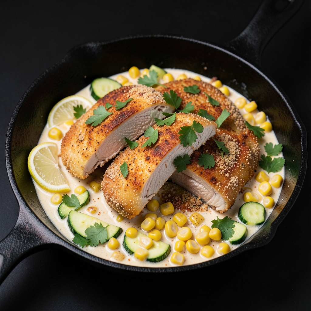 Crispy Paprika Turkey Cutlets with Creamy Corn and Zucchini
