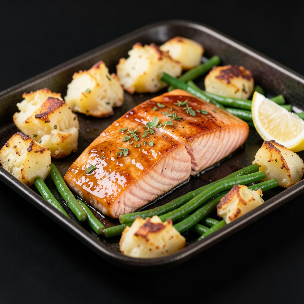 Honey-Dijon Salmon with Crispy Smashed Potatoes and Green Beans