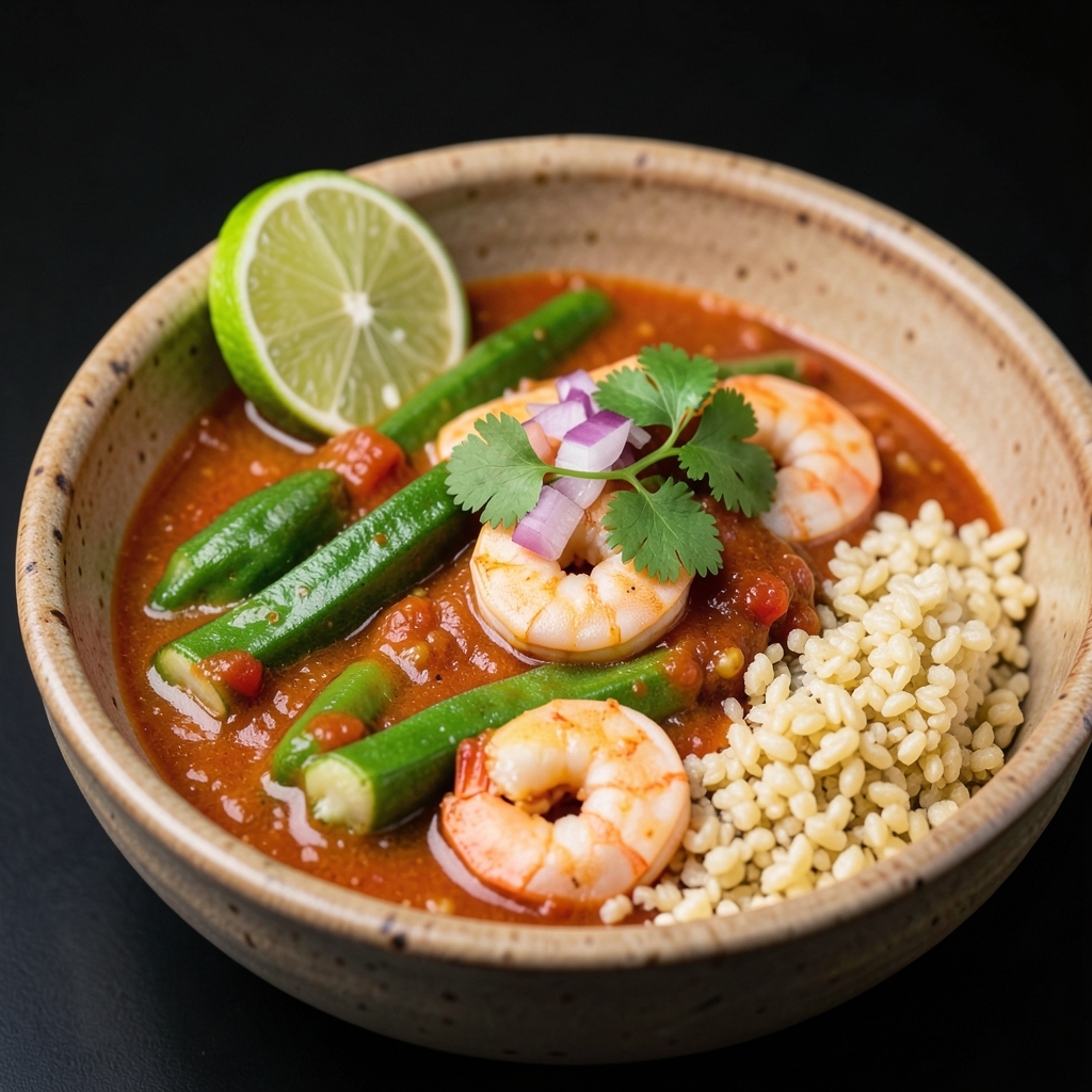Sierra Leonean-Inspired Coconut Okra and Shrimp with Steamed Millet