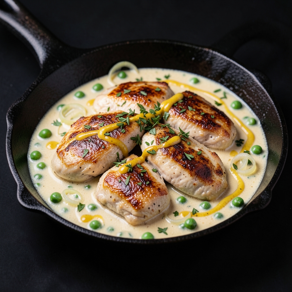 Skillet Chicken with Creamy Tarragon Leeks and Peas