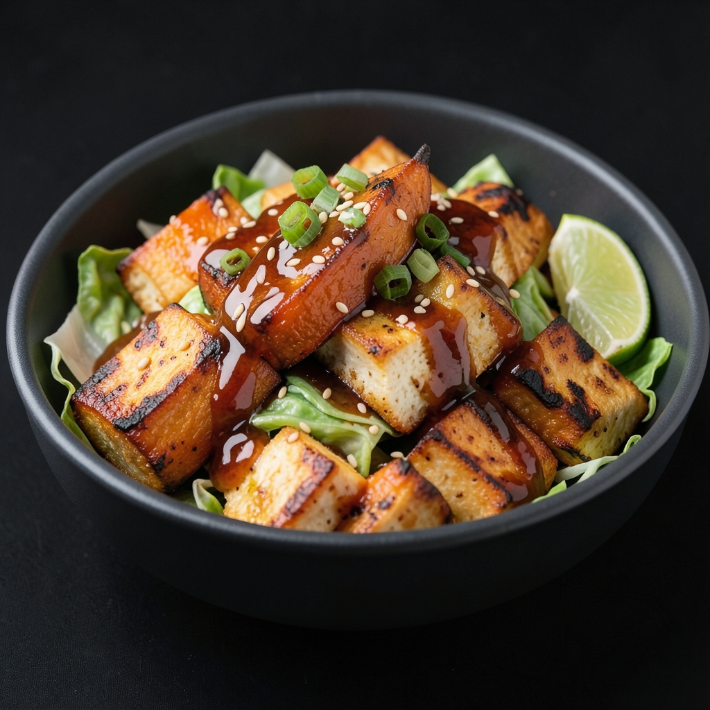 Maple-Miso Tofu with Roasted Sweet Potatoes and Sesame Cabbage