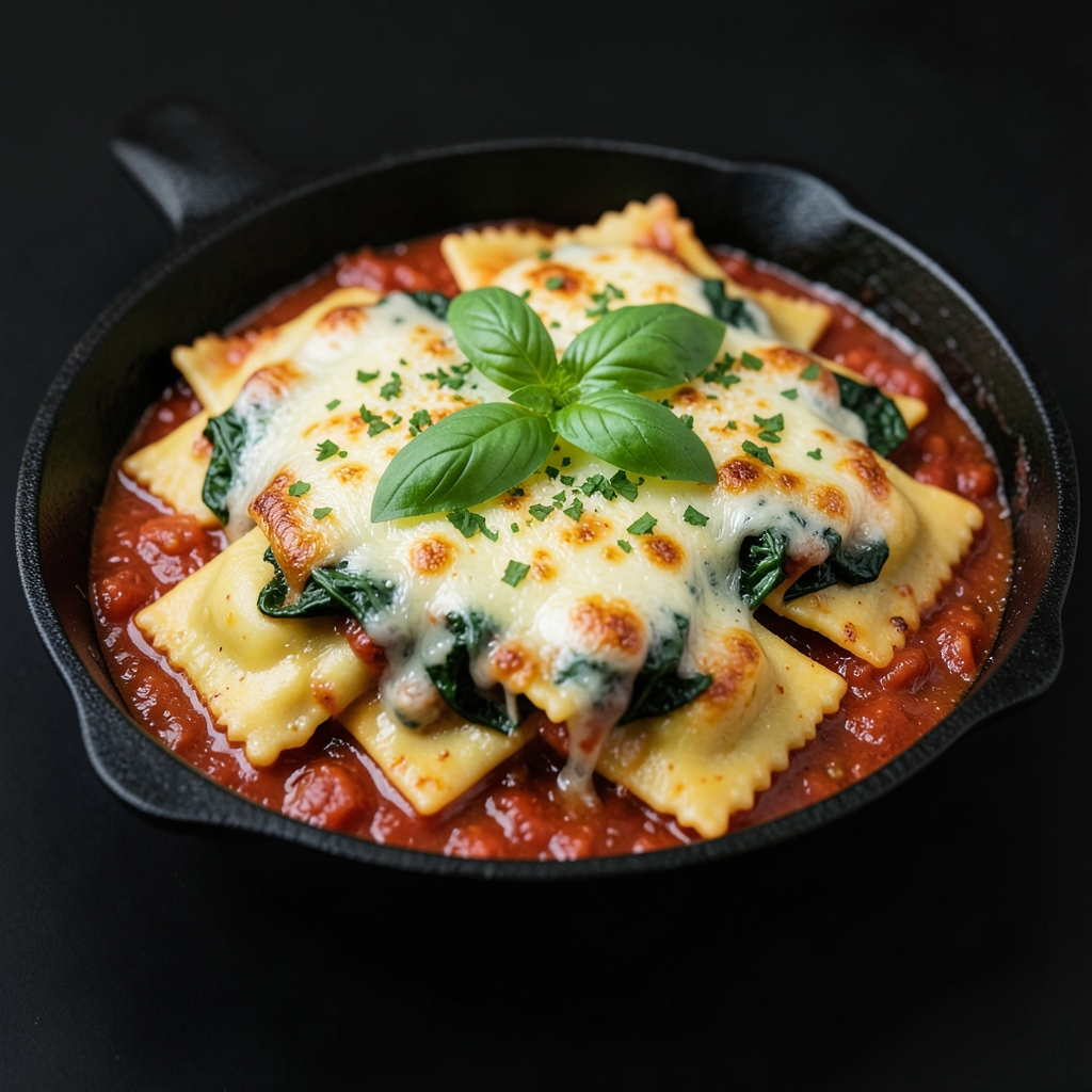Skillet-Baked Sausage Ravioli with Spinach and Mozzarella