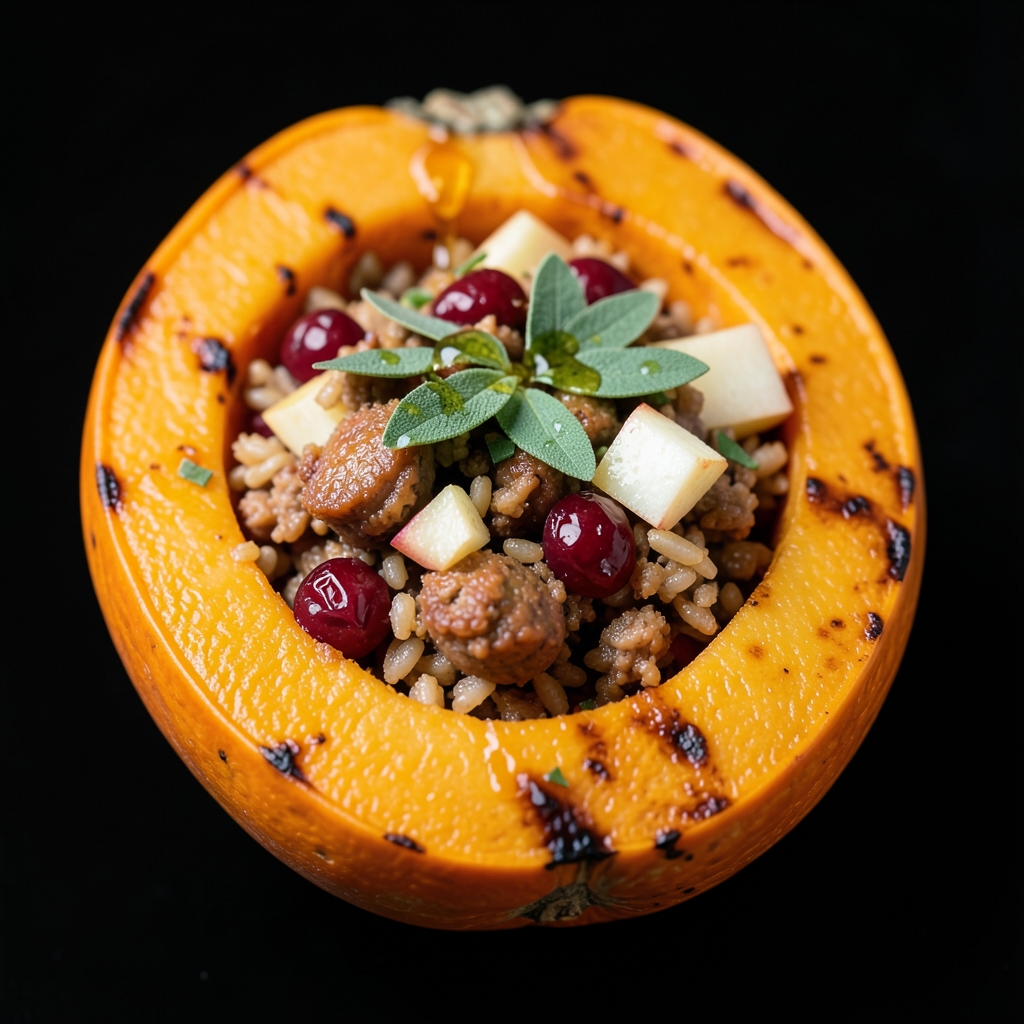 Sausage-Stuffed Acorn Squash with Apple, Cranberry & Sage Rice