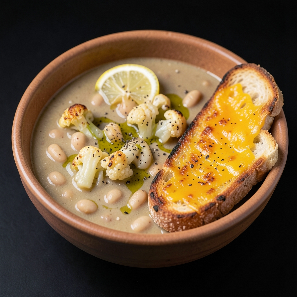Roasted Cauliflower & White Bean Soup with Cheddar Toasts