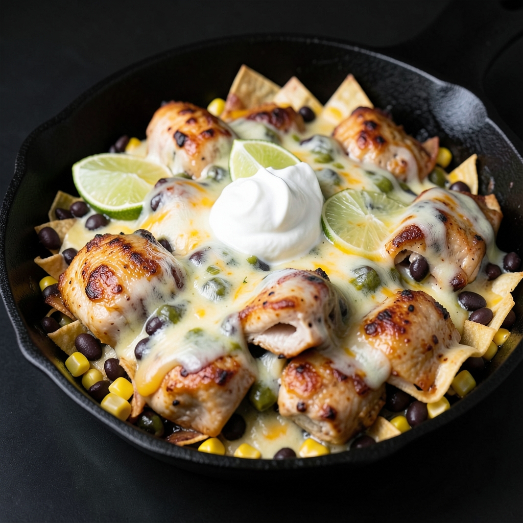 Cheesy Green Chile Chicken Tortilla Skillet