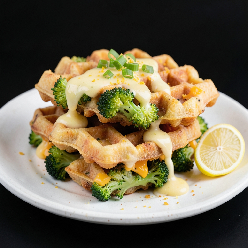 Crispy Broccoli-Cheddar Potato Waffles with Lemon-Scallion Cream