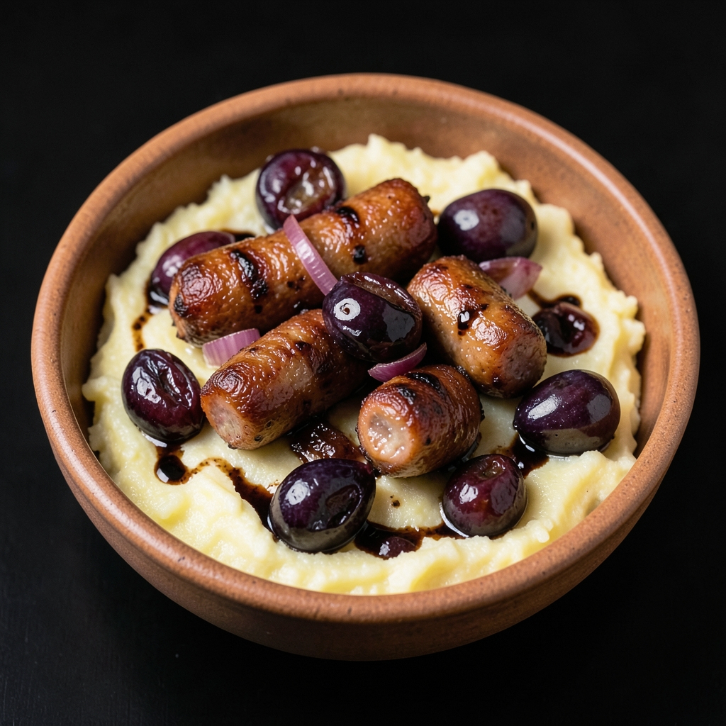 Roasted Sausage and Grapes with Creamy Parmesan Polenta