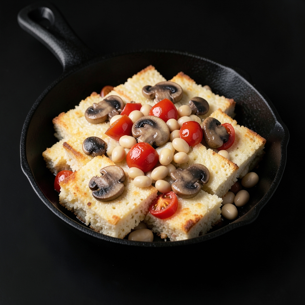 Crispy Polenta with Lemony White Beans, Mushrooms & Tomatoes