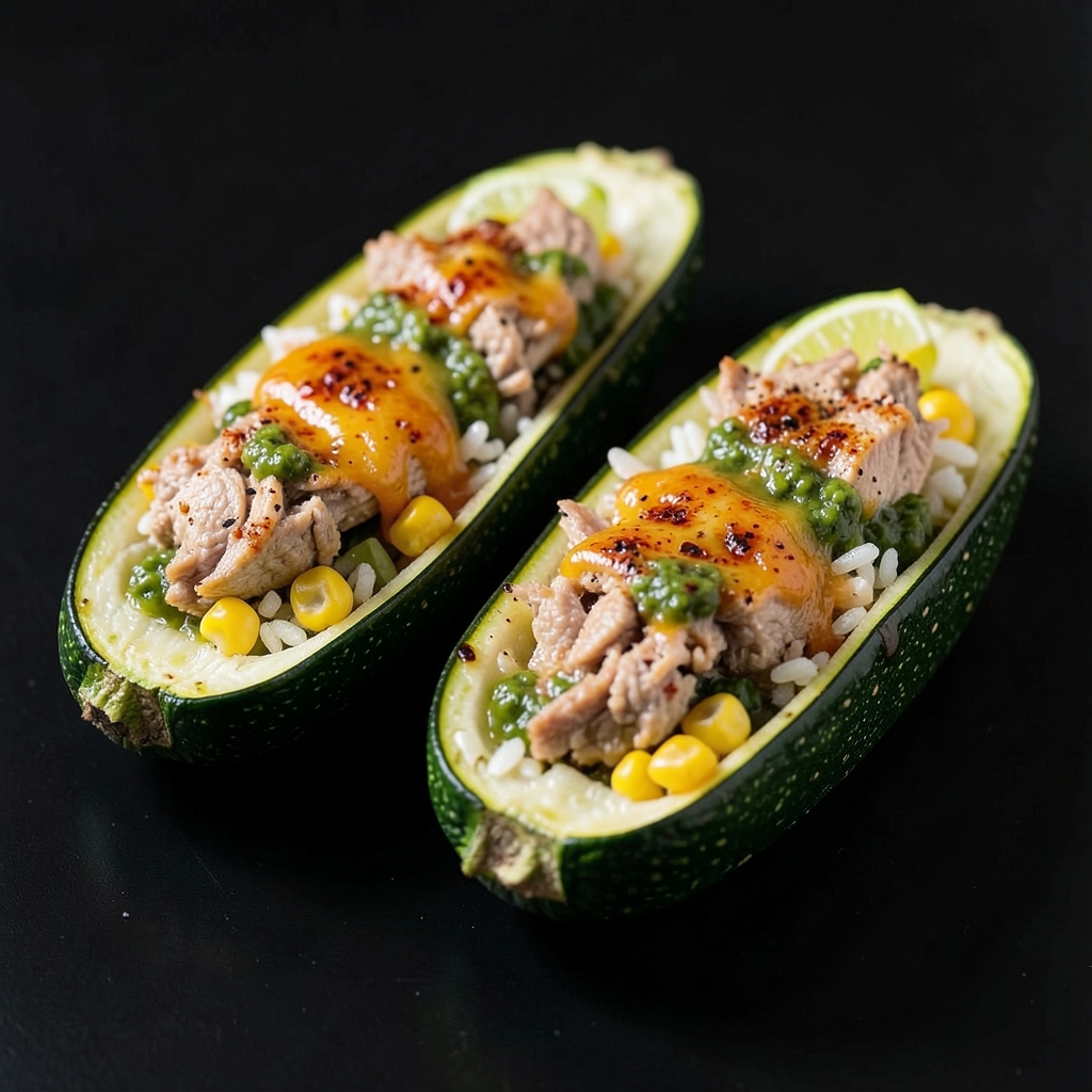 Salsa Verde Turkey and Rice Stuffed Zucchini Boats