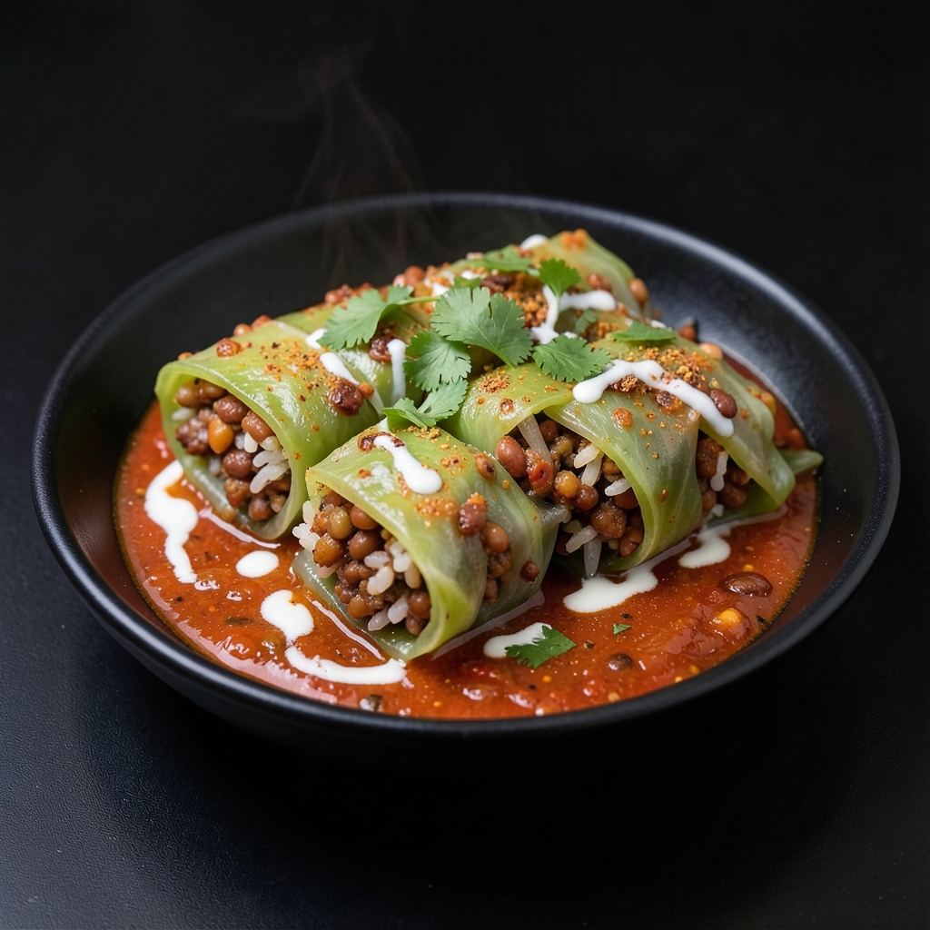 Mauritian-Inspired Lentil Cabbage Rolls with Tamarind Tomato Sauce