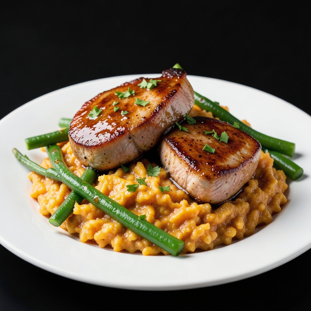 Cider-Glazed Pork Chops with Cheddar Grits and Garlicky Green Beans