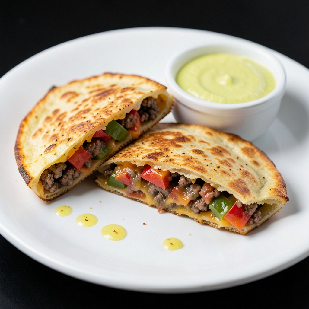 Cheesy Beef and Pepper Quesadillas with Lime Yogurt