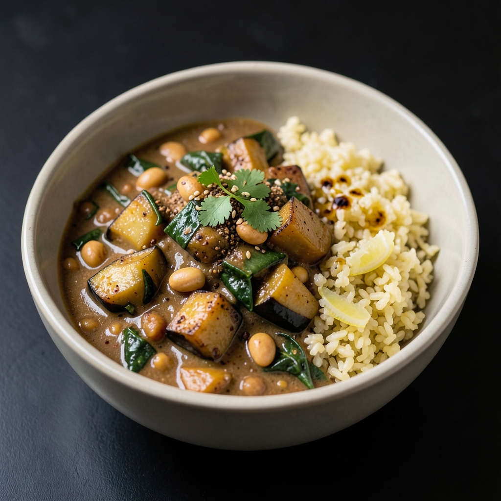 Ugandan-Inspired Peanut Eggplant Stew with Lemon Millet