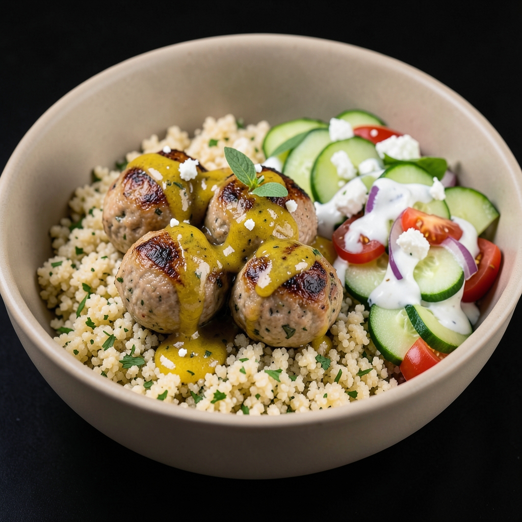 Lemon-Oregano Turkey Meatballs with Herbed Couscous and Cucumber Salad