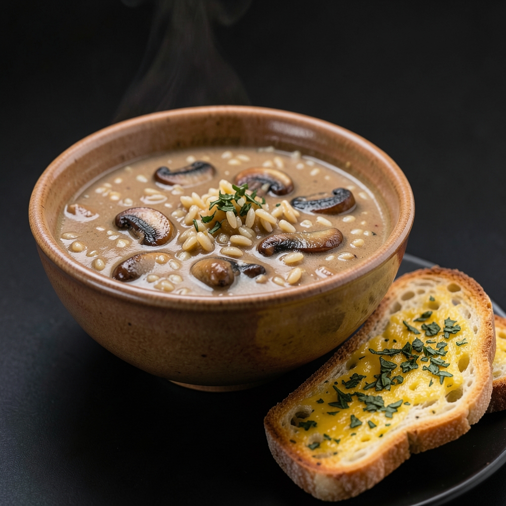 Hearty Mushroom and Wild Rice Soup with Sage-Cheddar Toasts