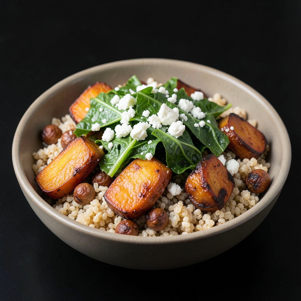 Smoky Sweet Potato and Chickpea Quinoa Bowls with Lemon Feta Kale