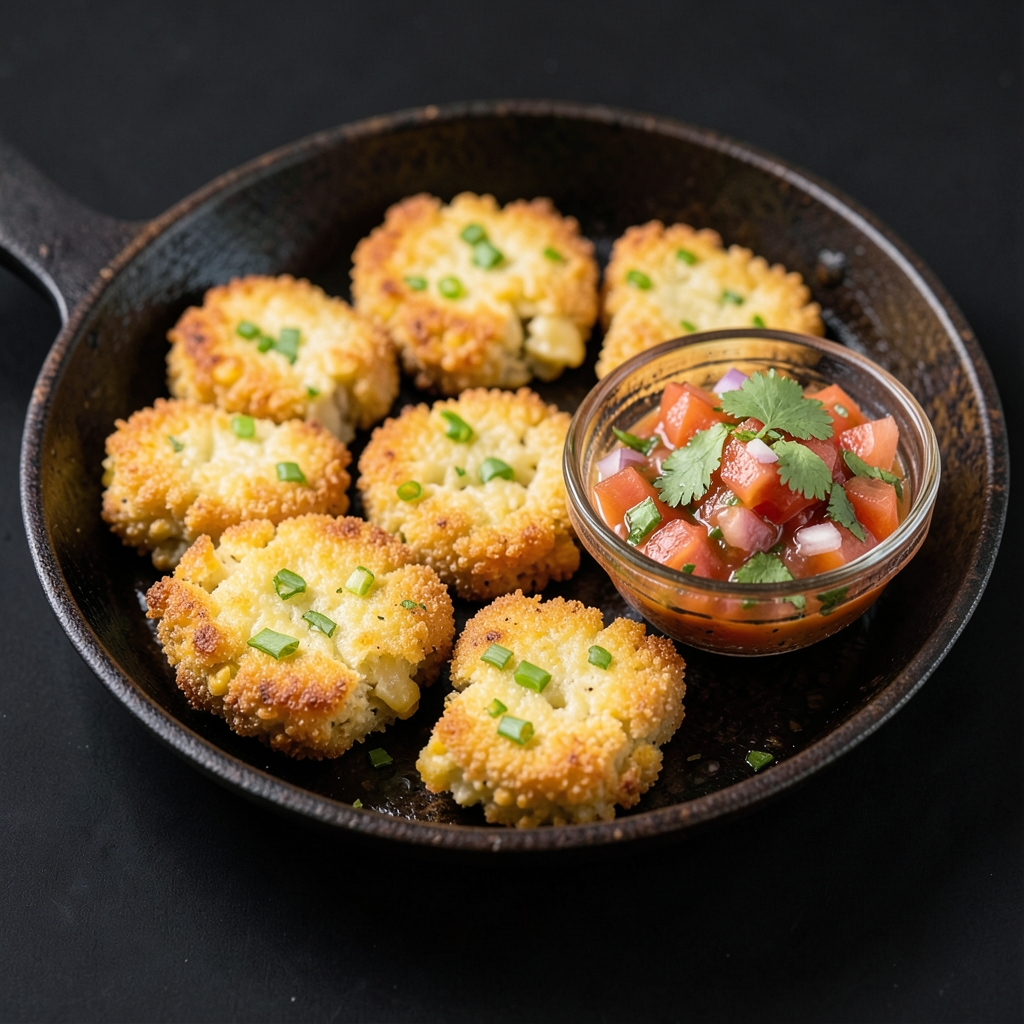 Golden Corn and Cheddar Fritters with Fresh Tomato-Lime Salsa