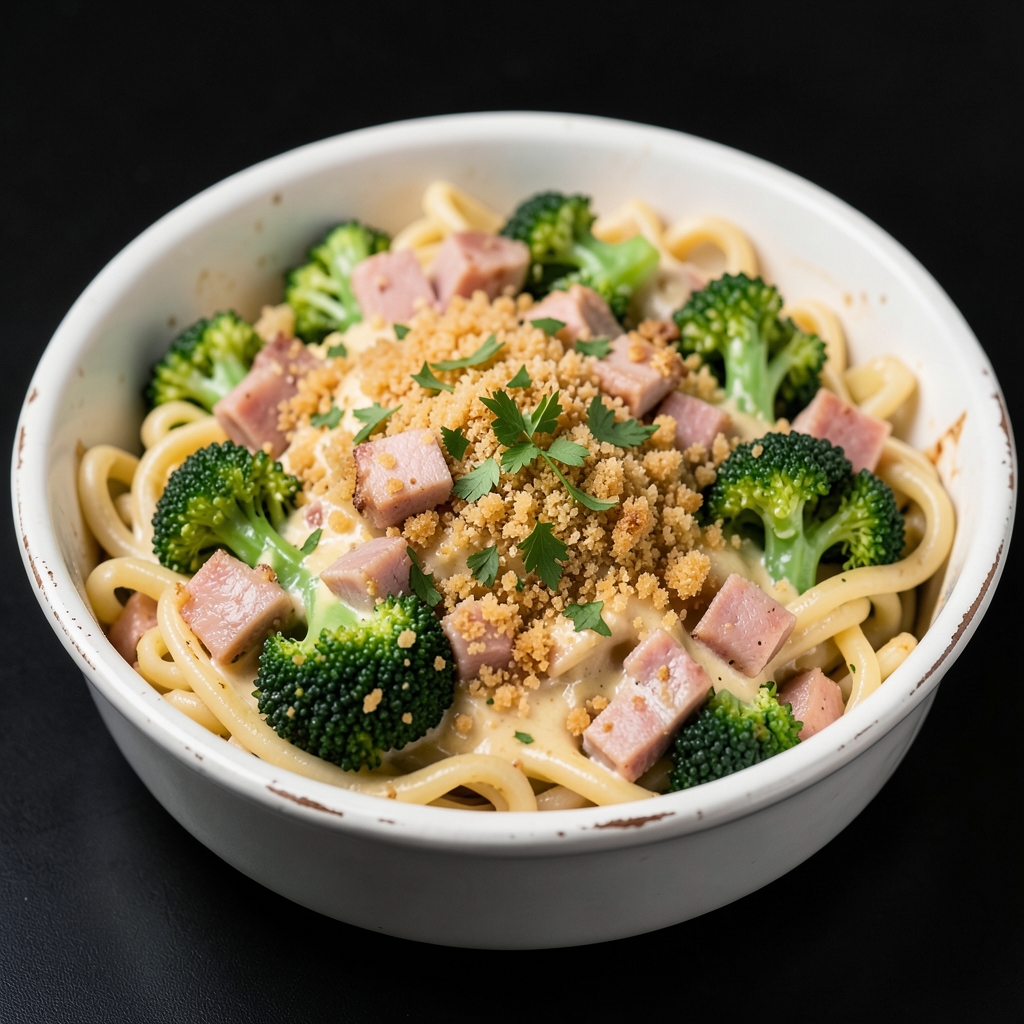 Creamy Ham and Broccoli Noodle Bake with Cheddar Crumbs