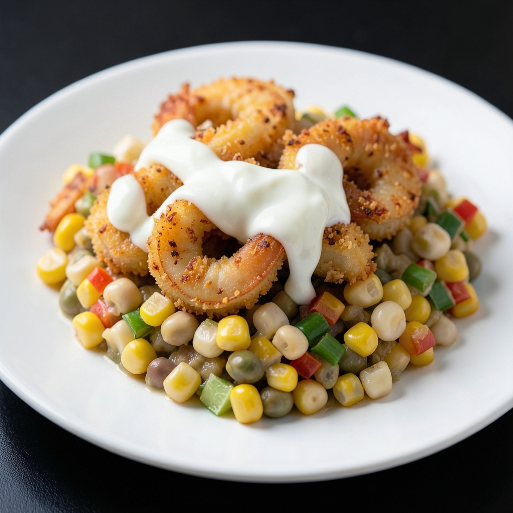 Crispy Coconut Shrimp with Sweet Corn Succotash and Lime Yogurt