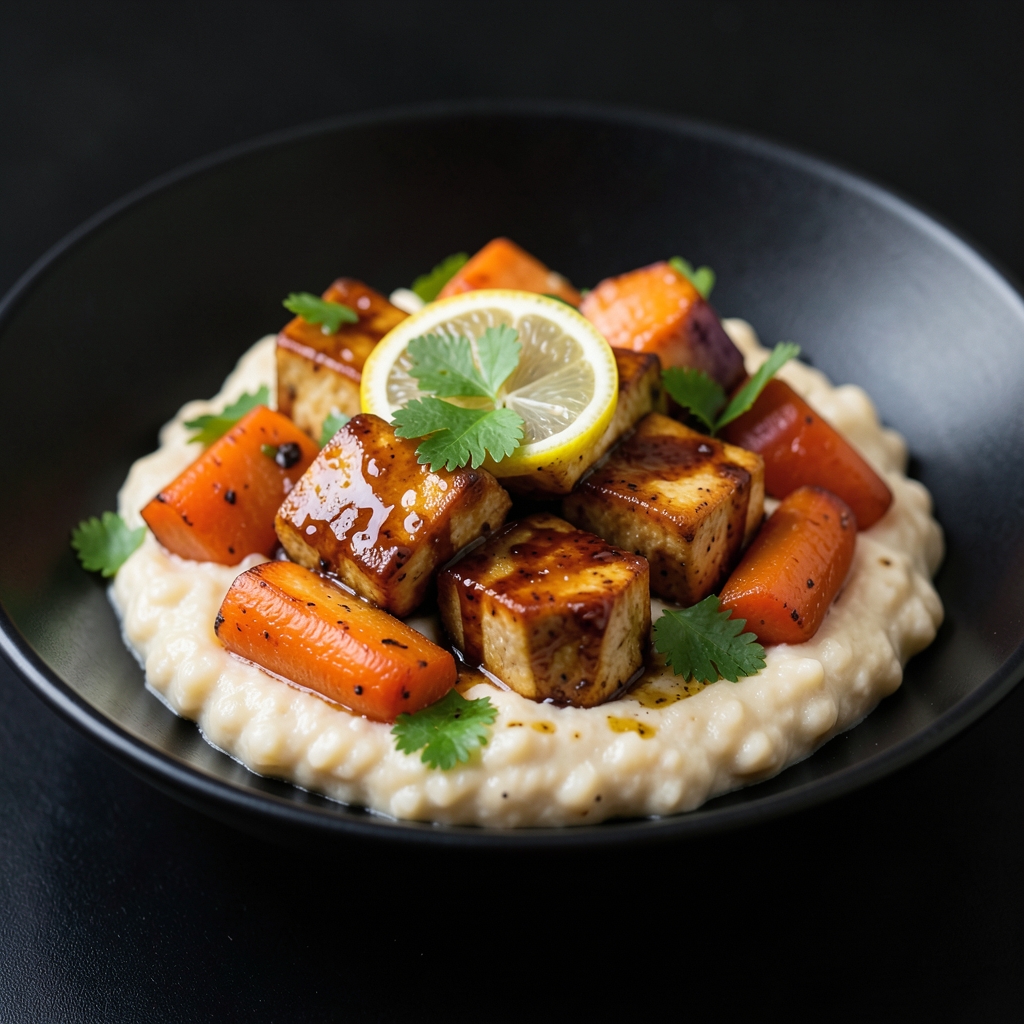 Maple-Balsamic Tofu with Roasted Carrots and Whipped White Beans