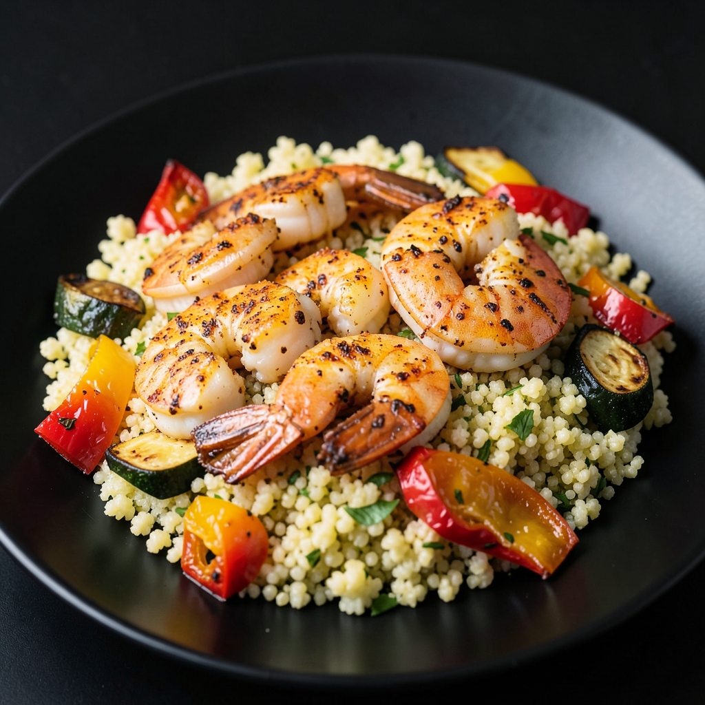 Smoky Lemon Shrimp with Roasted Peppers, Zucchini & Couscous