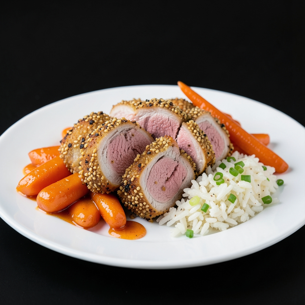 Sesame-Crusted Pork Tenderloin with Orange-Glazed Carrots and Scallion Rice