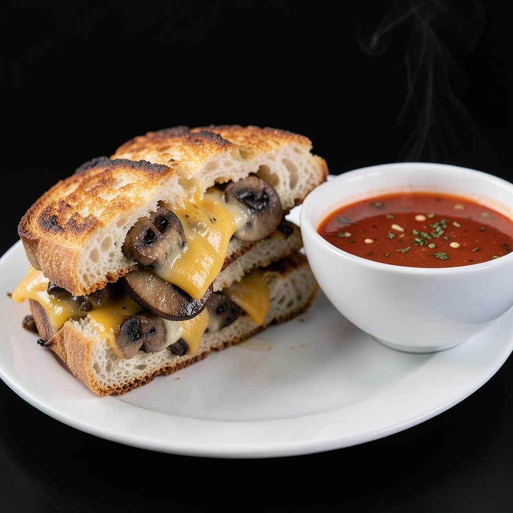 Golden Mushroom-Cheddar Melts with Garlicky Tomato Soup