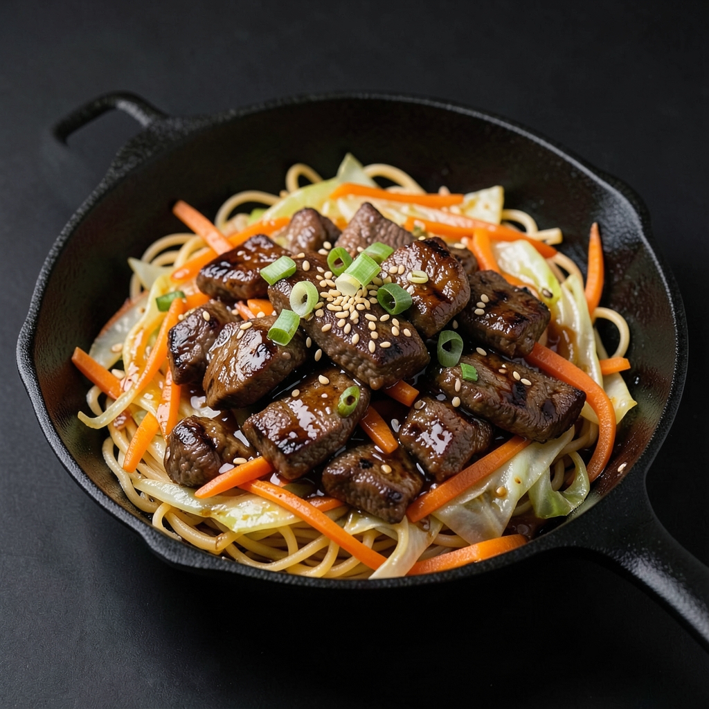 Ginger-Sesame Beef and Cabbage Noodle Skillet