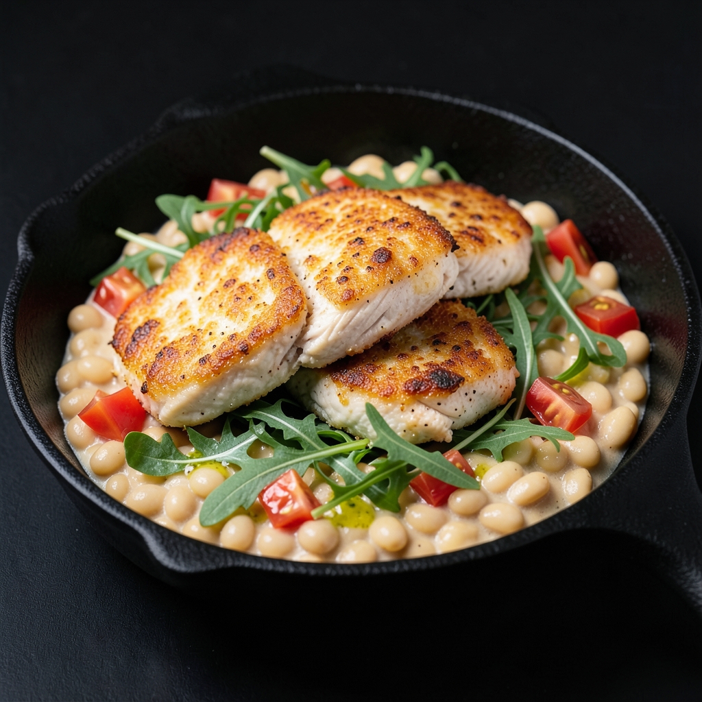 Pan-Crisp Chicken Cutlets with Garlic White Beans and Lemon Arugula