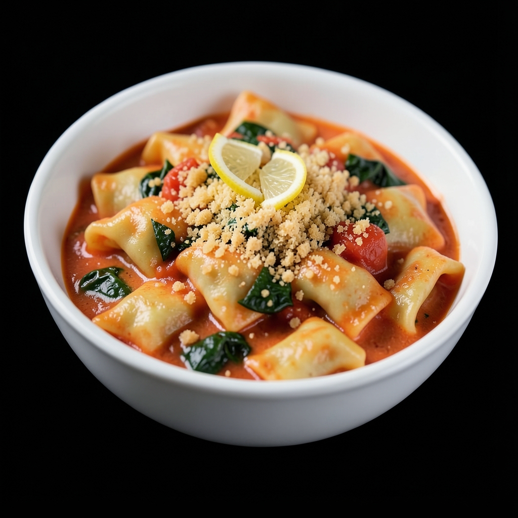 Creamy Tomato Tortellini with Spinach and Crispy Parmesan Crumbs