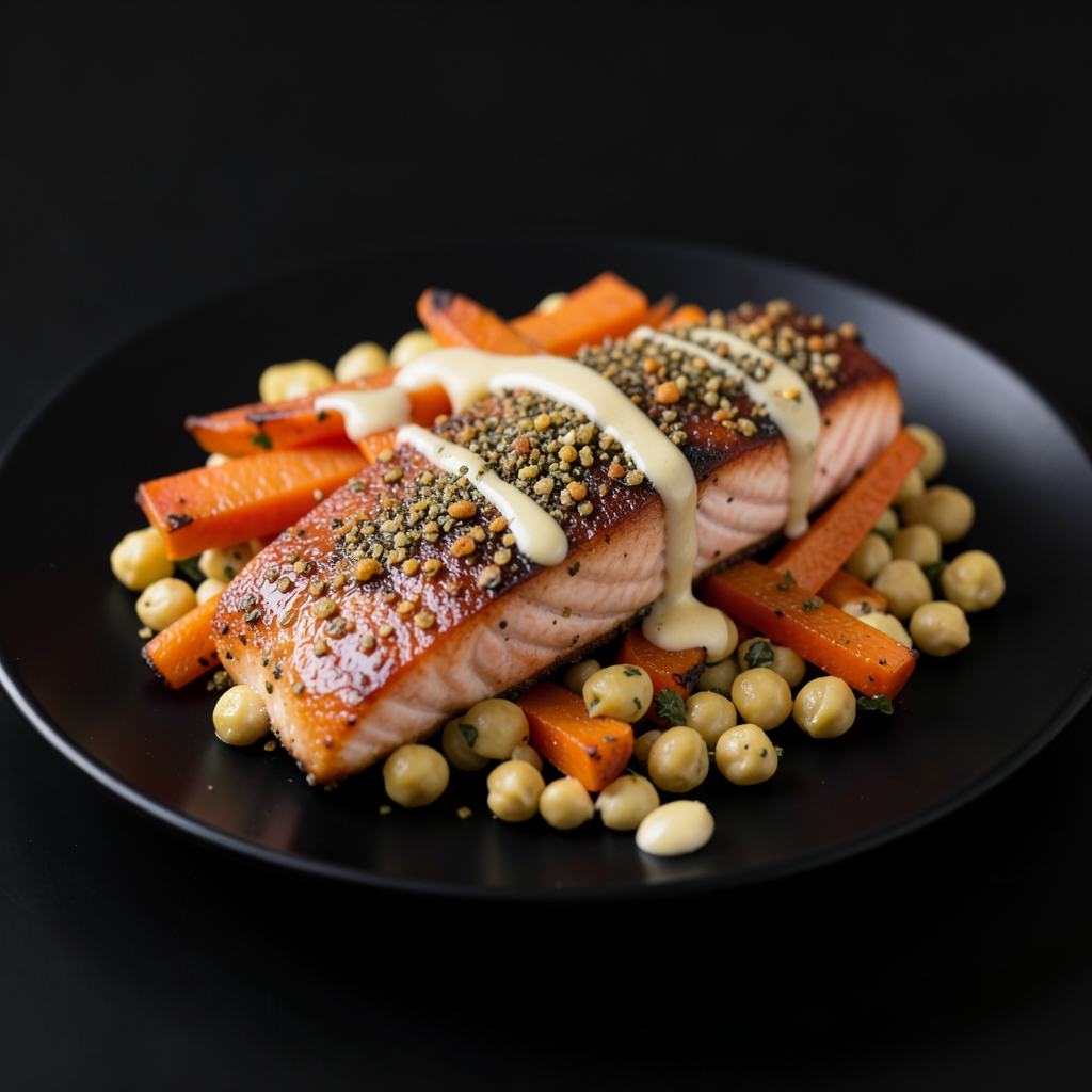 Crispy Za’atar Salmon with Roasted Carrots and Herbed Chickpeas