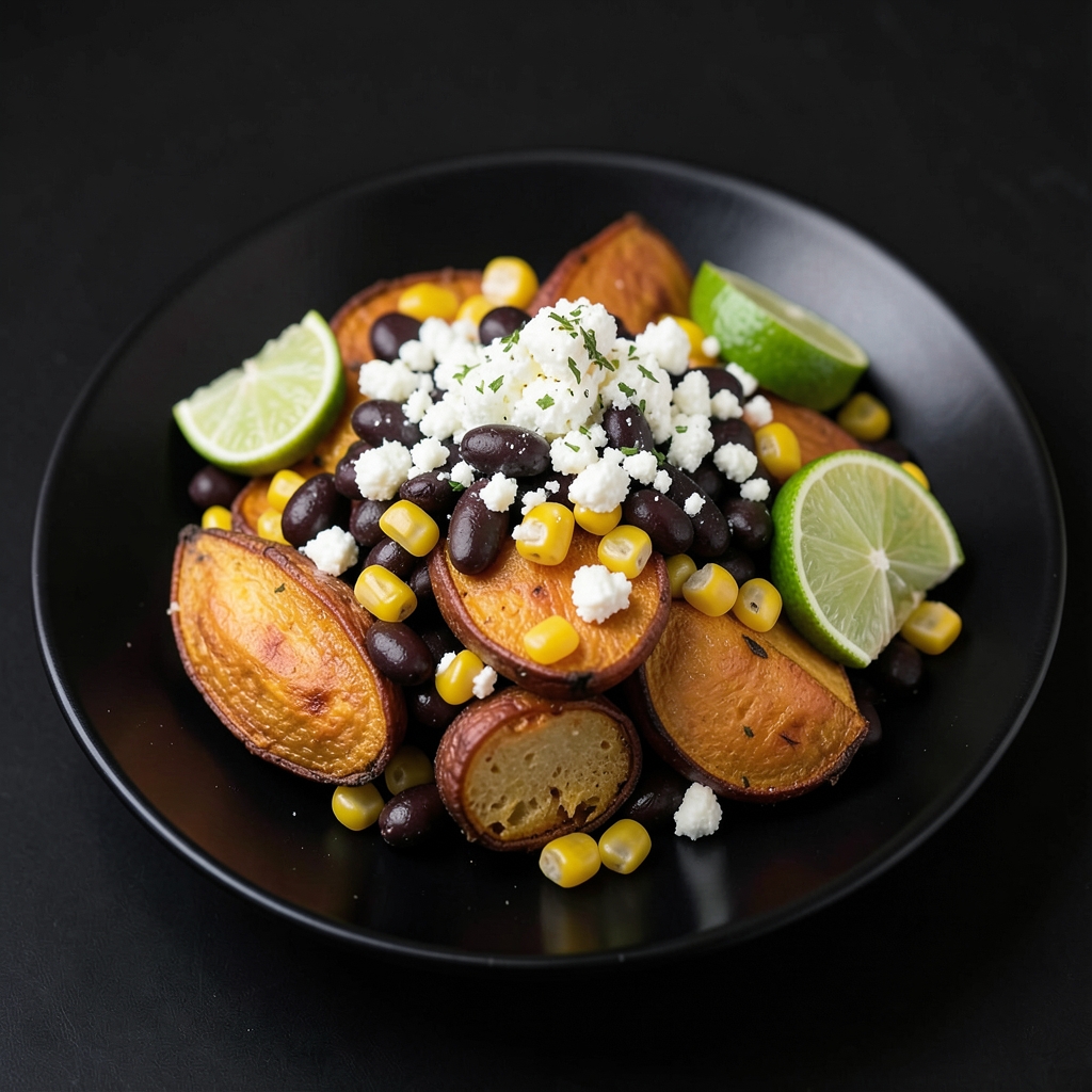 Roasted Sweet Potatoes with Smoky Black Beans, Corn & Lime Feta