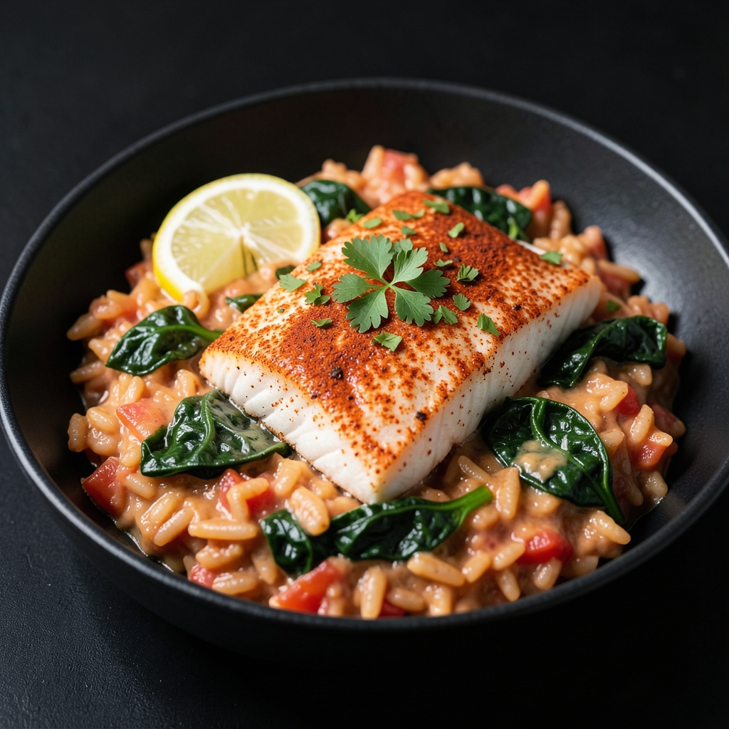 Paprika Cod with Creamy Tomato Rice and Wilted Spinach