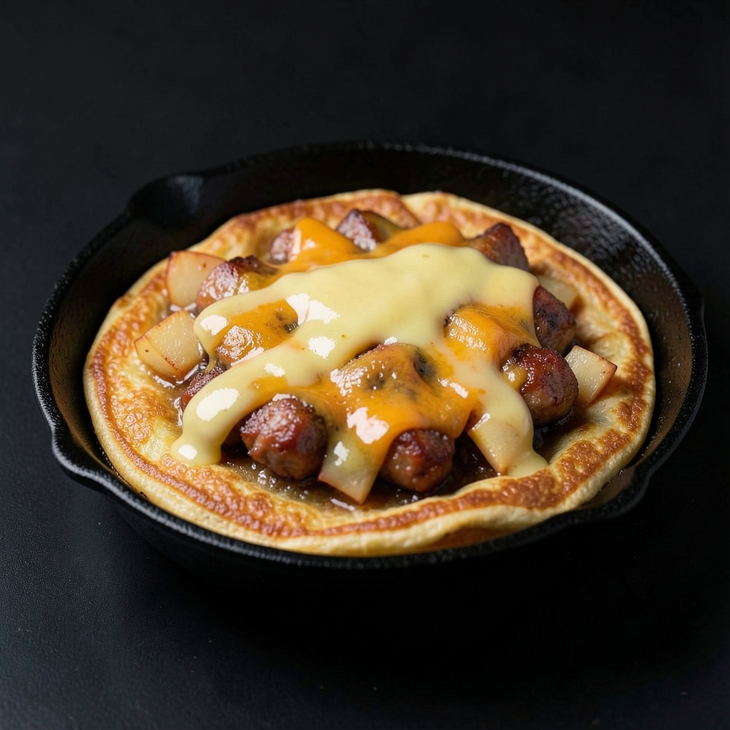 Savory Sausage and Apple Dutch Baby with Mustard Cream