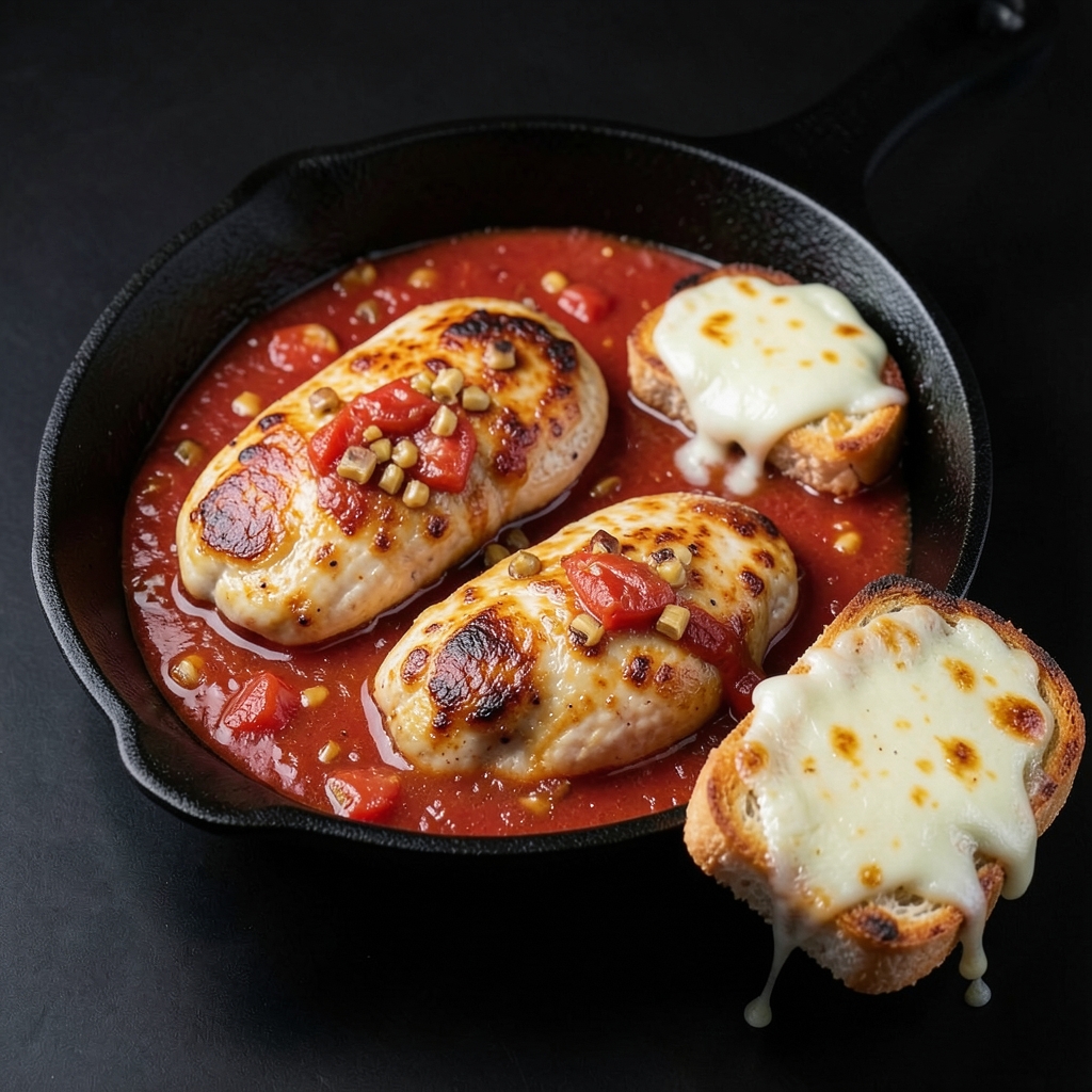 Garlic Tomato Chicken Skillet with Mozzarella Toasts
