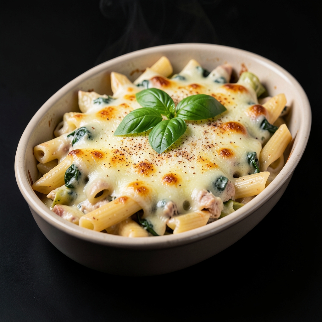 Bubbly Turkey, Spinach & Artichoke Penne Bake