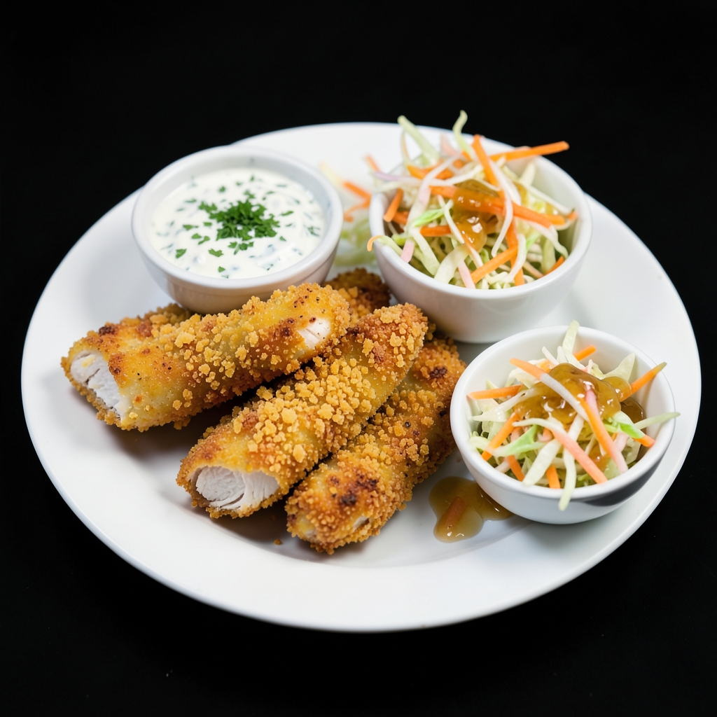 Cornflake-Crispy Chicken Tenders with Herby Yogurt Dip and Tangy Slaw