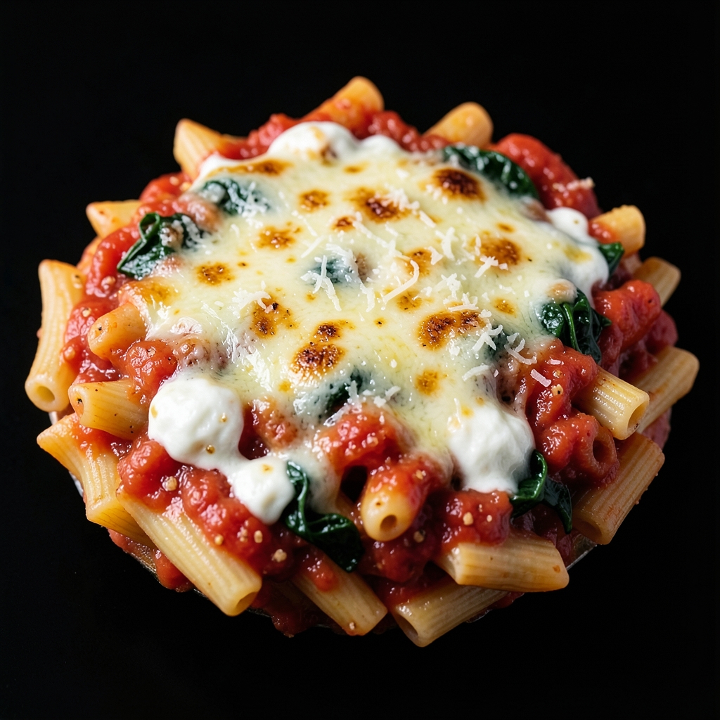 Bubbly Spinach-Ricotta Baked Ziti with Garlicky Tomato Sauce