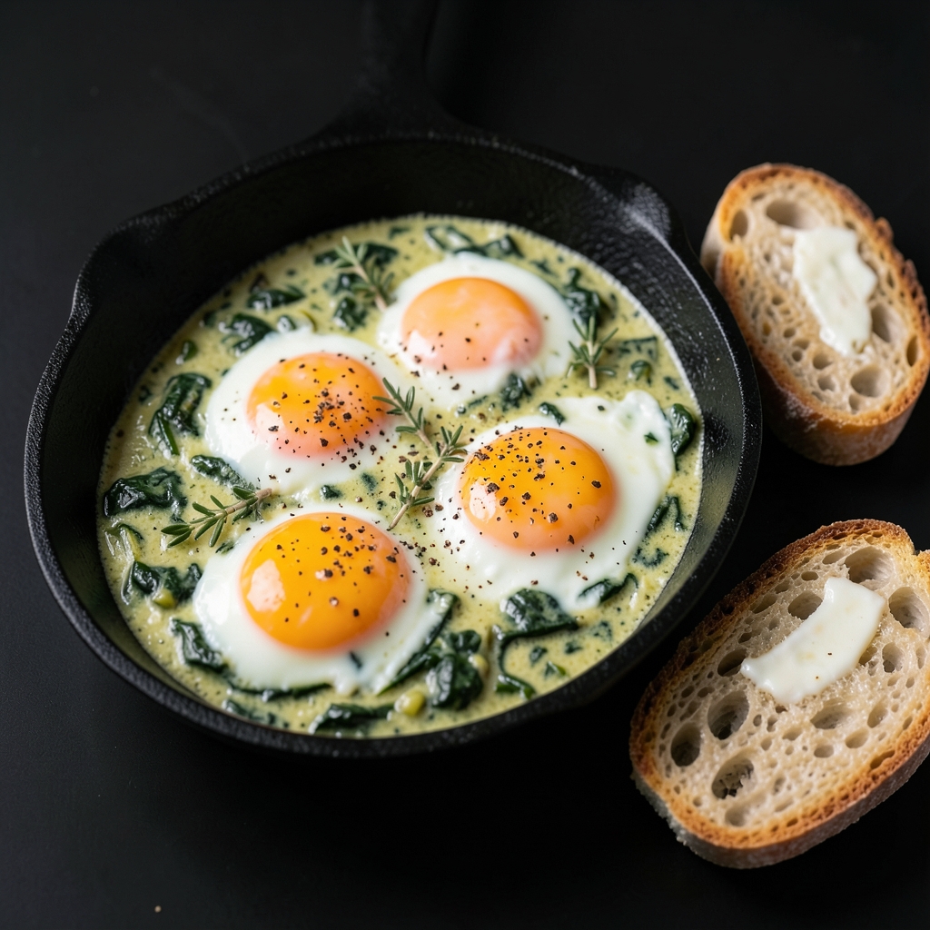 Creamy Spinach Skillet Eggs with Crunchy Sourdough