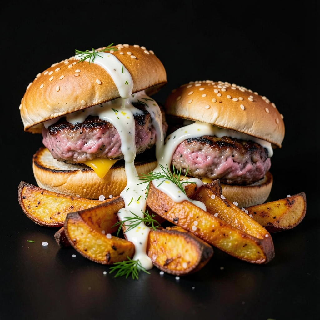 Smoky Turkey Burgers with Sweet Potato Wedges and Lemon Yogurt