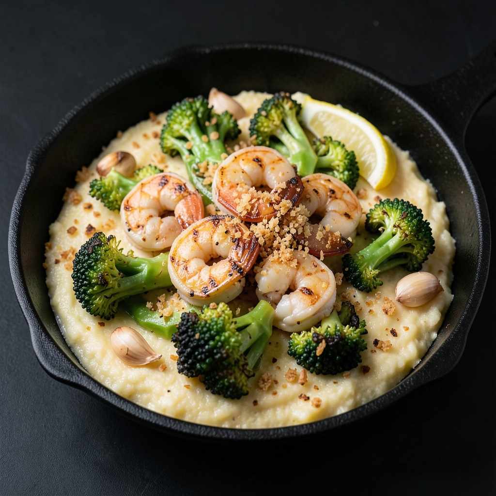 Roasted Garlic Shrimp with Parmesan Polenta and Charred Broccoli