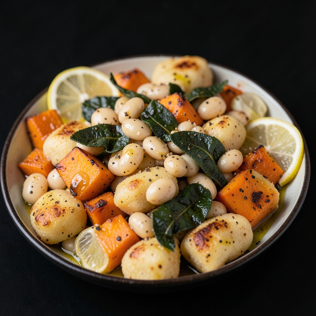 Roasted Butternut Gnocchi with Crispy Sage and Lemon Beans
