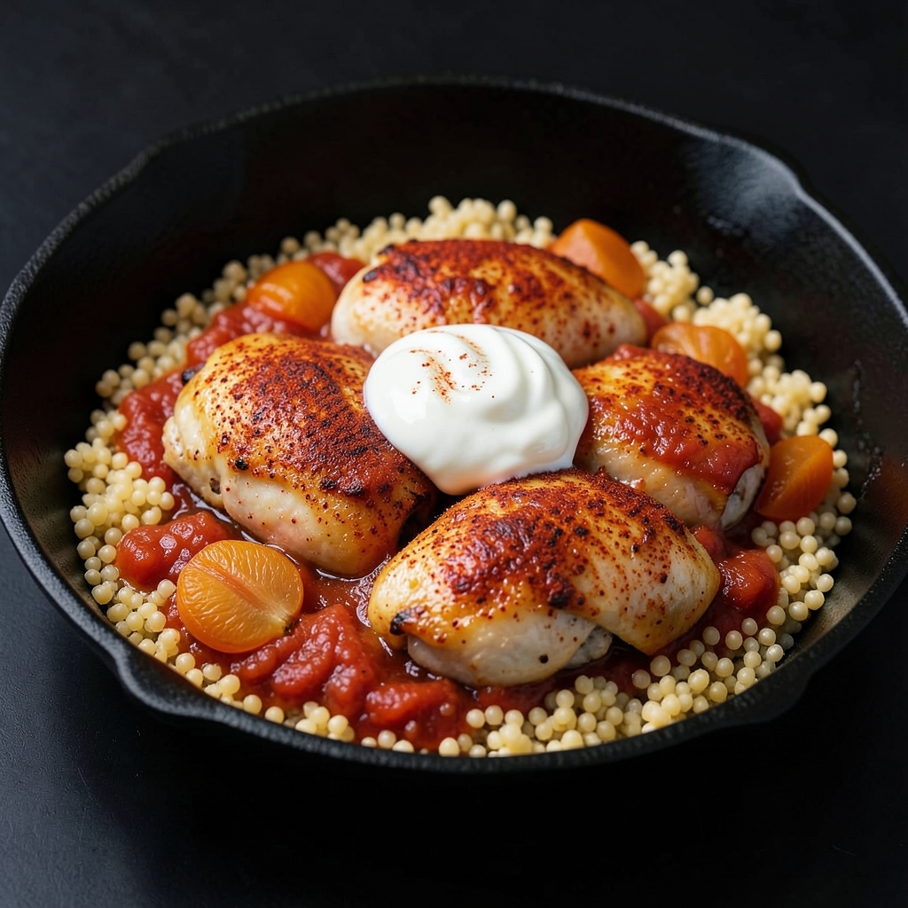 Smoky Tomato Chicken with Apricot Couscous and Lemon Yogurt