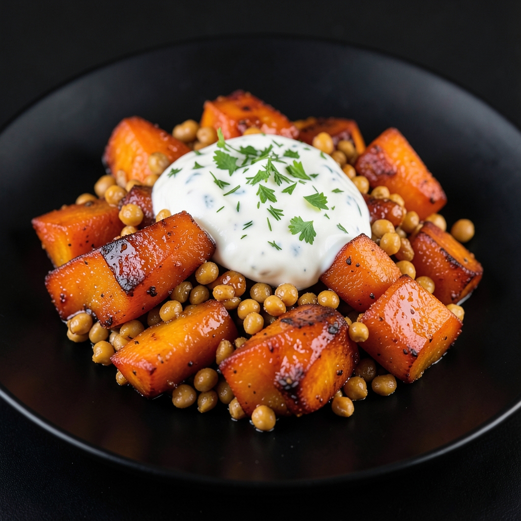 Maple-Chipotle Carrots with Crispy Lentils and Lemon-Herb Yogurt