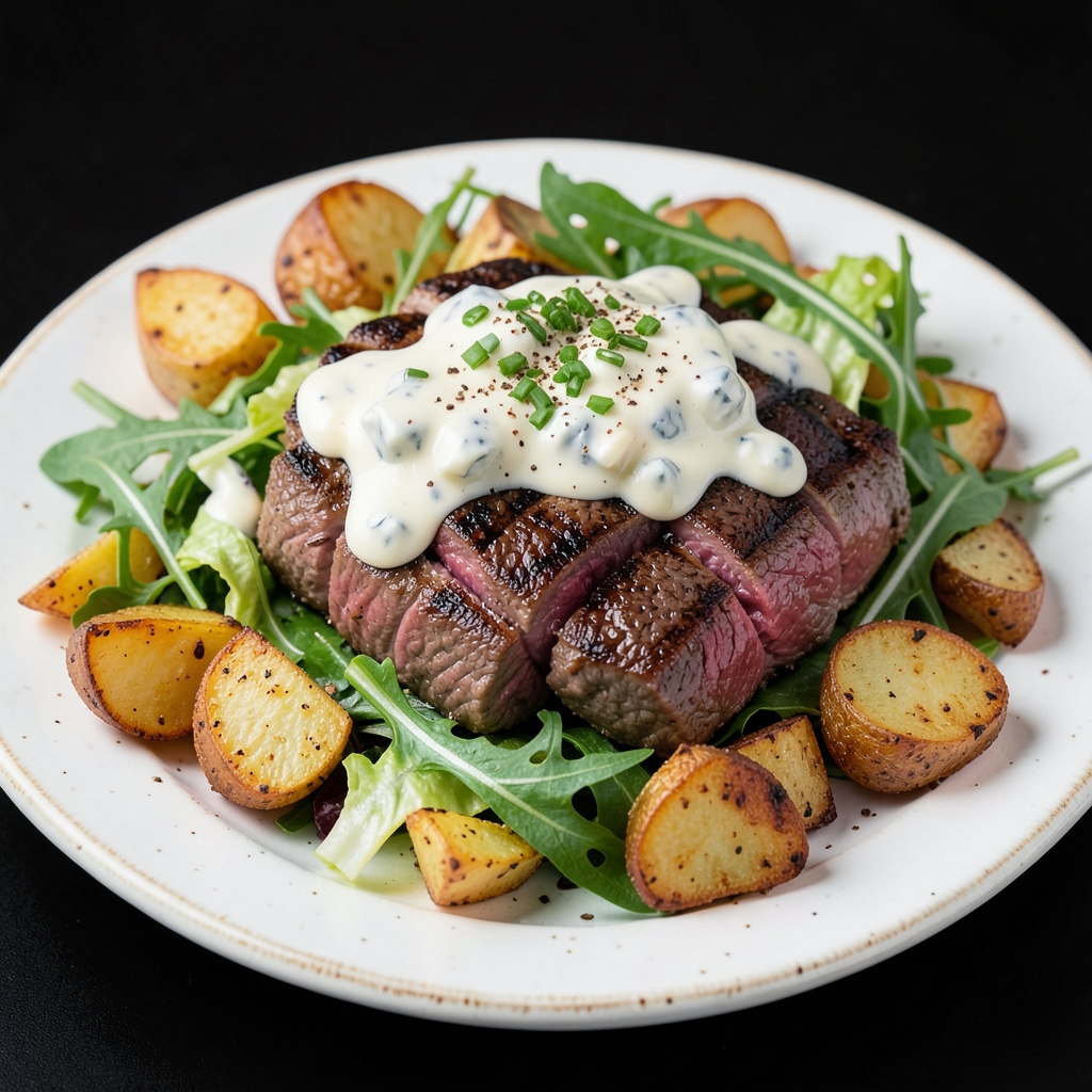 Peppery Steak and Crispy Potato Salad with Warm Blue Cheese Dressing