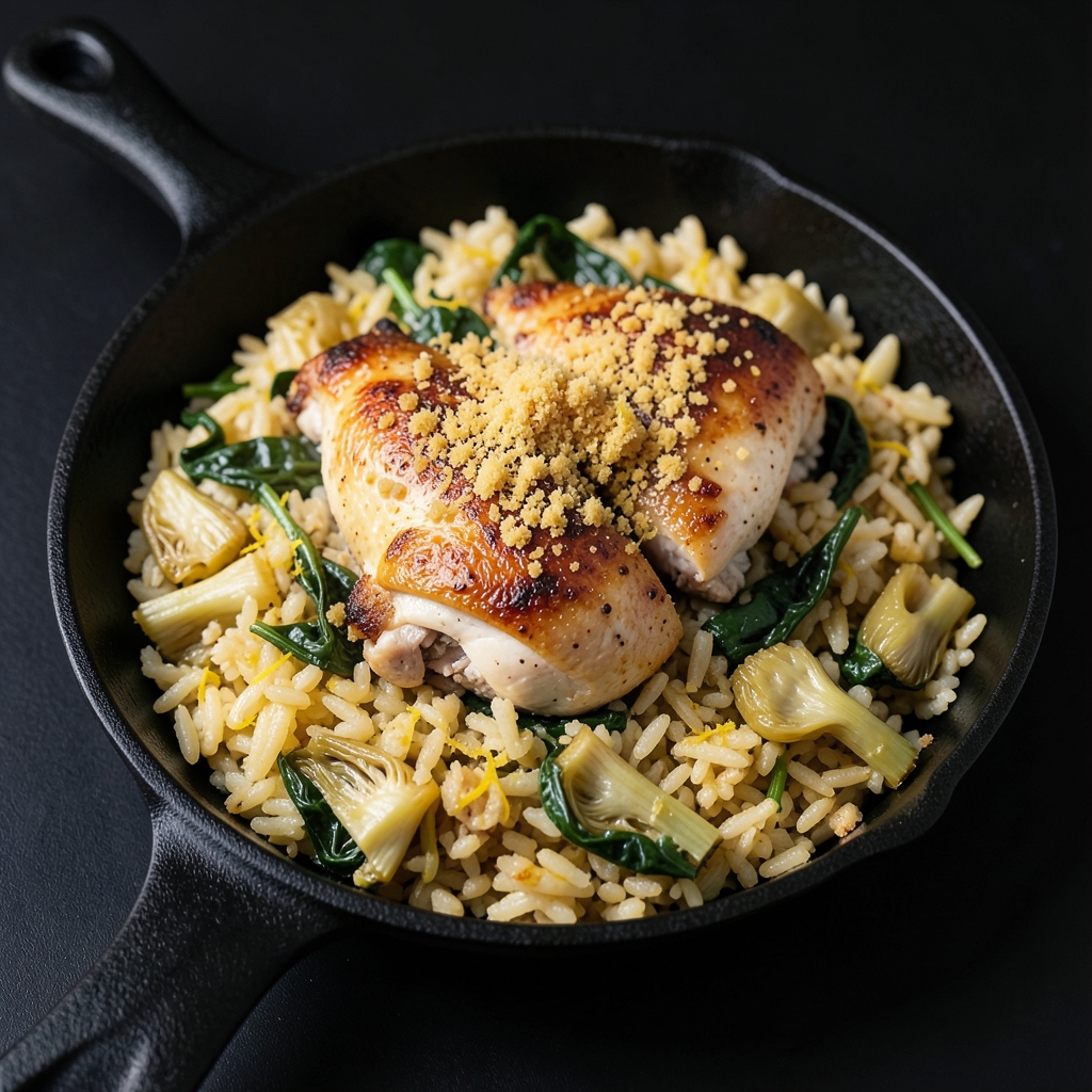 Lemon-Artichoke Chicken and Rice with Parmesan Crunch