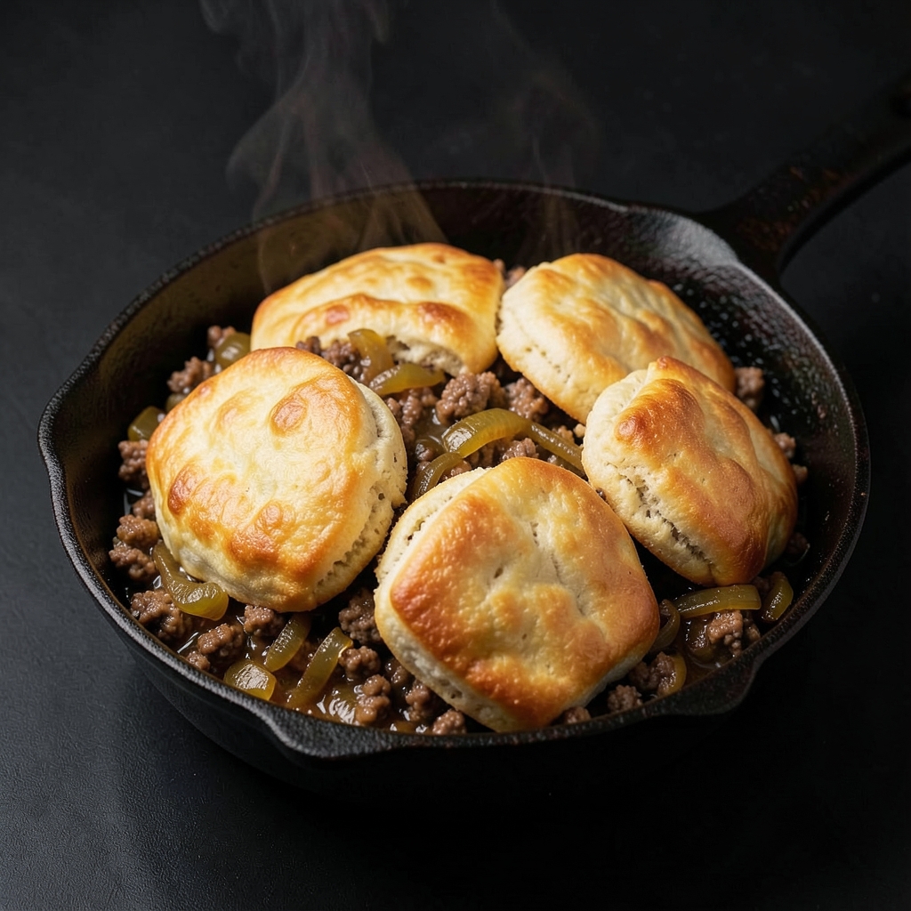 Cheeseburger Biscuit Skillet with Tangy Pickle-Dijon Filling