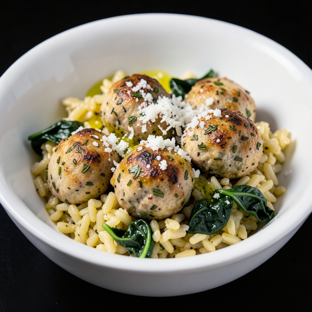 Herby Chicken Meatballs with Lemony Spinach Orzo
